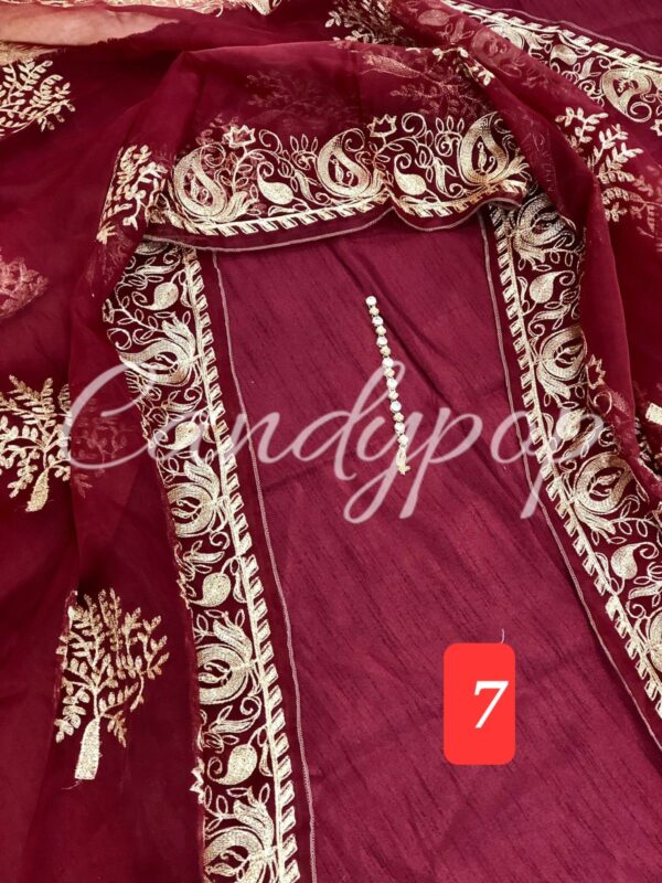 3Pc Stitched Suit With Zari Embroidery Organza Dupatta - Image 7