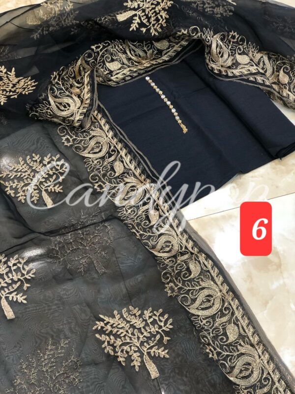 3Pc Stitched Suit With Zari Embroidery Organza Dupatta - Image 6