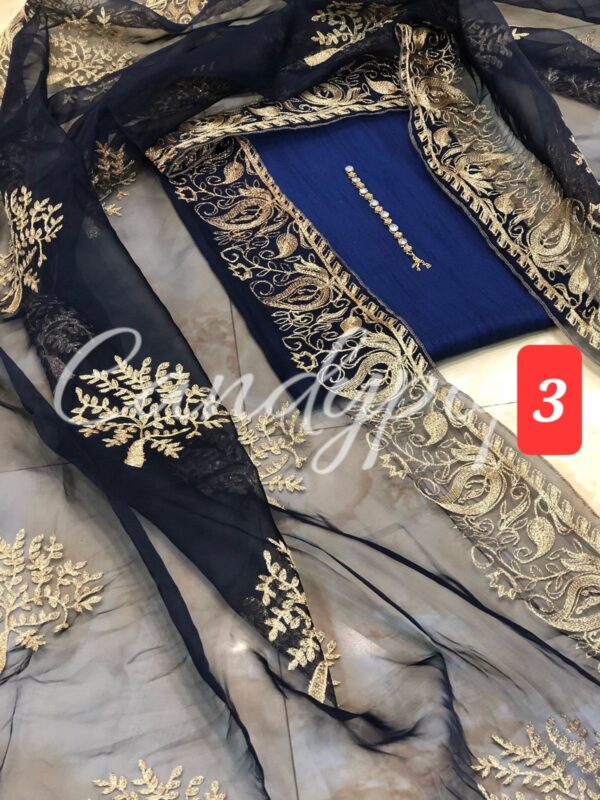 3Pc Stitched Suit With Zari Embroidery Organza Dupatta - Image 3