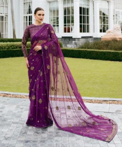 Sapphire Stitched 3 Piece - Embroidered Net Saree