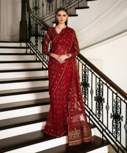 Sapphire Stitched 3 Piece - Embroidered Net Saree
