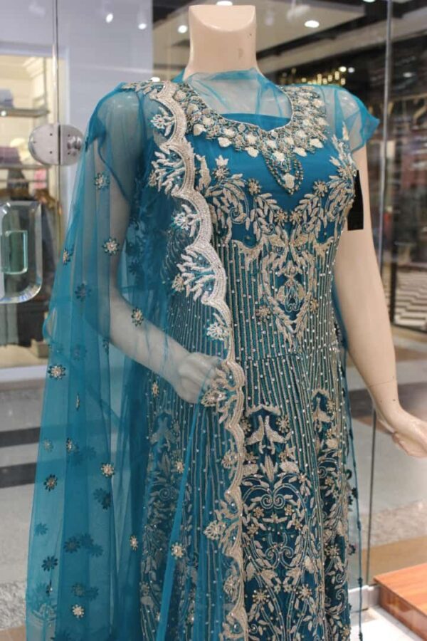 Fancy Embroidered Stitched Net Maxi Dress With Net Embroidered Dupatta. - Image 4