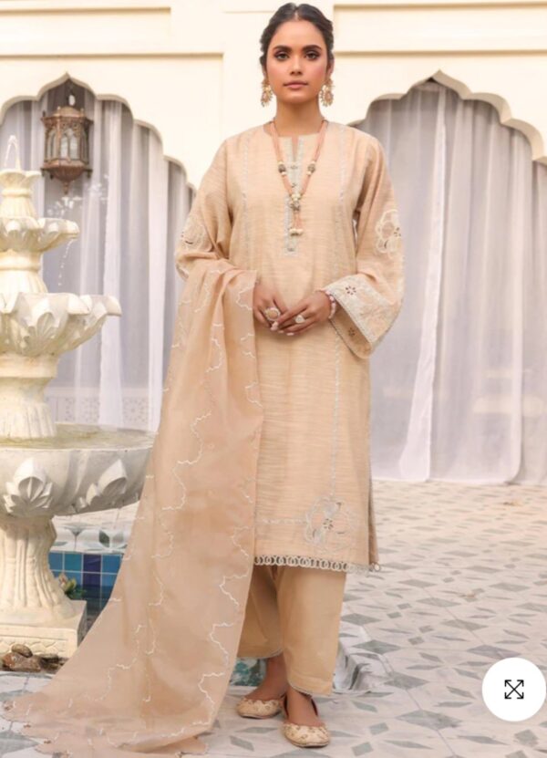 Alkaramstudio Stitched 3 Pc Embroidered Polyster Slub Suit With Organza Dupatta
