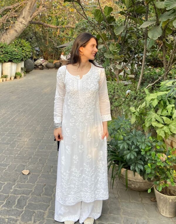 Lucknowi Chikankari Work White Modal Kurti - Image 2